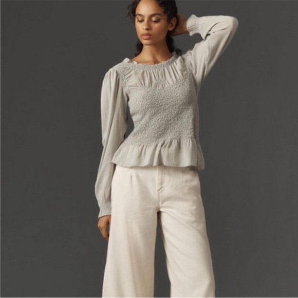 By Anthropologie Balloon-Sleeve Smocked Peplum Blouse Top Long Sleeve - Picture 1 of 8